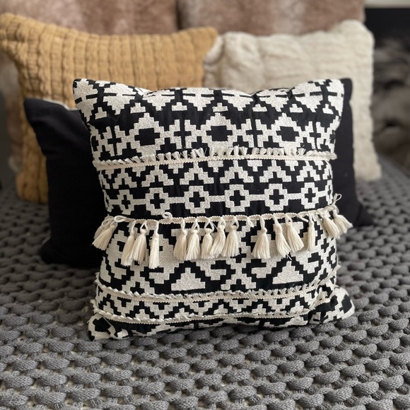 Other - Spectre Black & Cream Bohemian Tassel Poly Fill Throw Pillow (20" x 20")